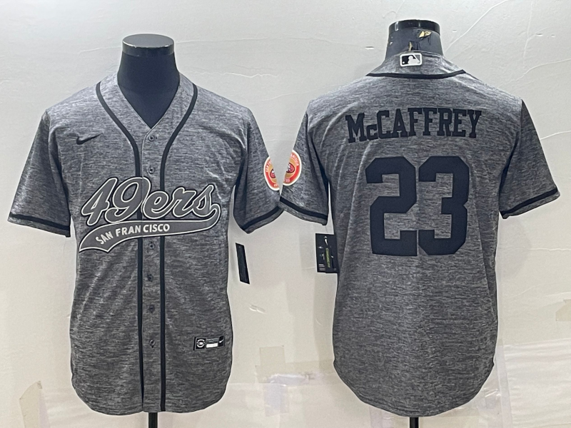 Men's San Francisco 49ers #23 Christian McCaffrey Grey With Patch Cool Base Stitched Baseball Jersey